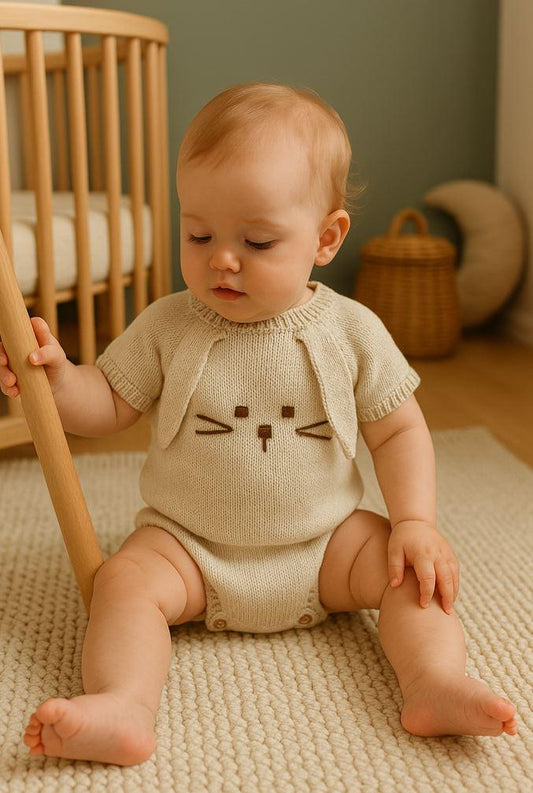 Knitted Bunny Baby Romper – Handmade Heirloom Outfit for Newborns (0–6 Months)