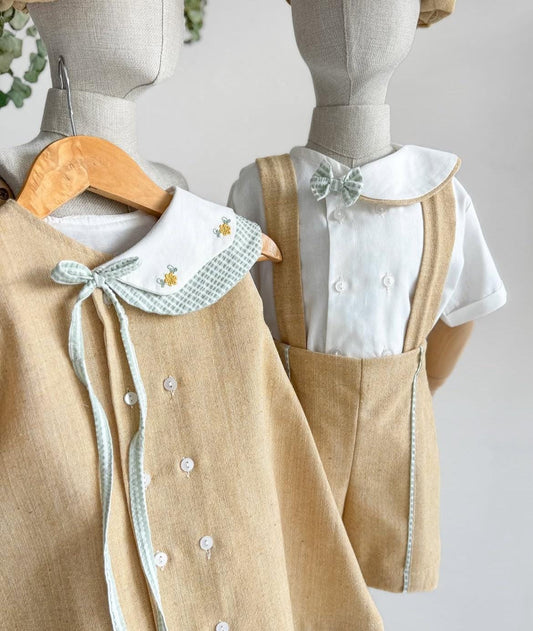 Sister and Brother Linen Clothing Sets, Kids Clothes, Siblings Matching Set, Tailored Kid's Dress and Romper Set