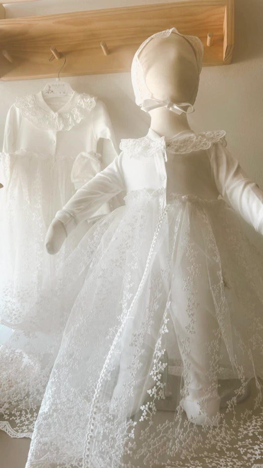 White Baptism Dress for a Baby Girl with Lace 3-6M, Elegant Lace Christening Gown, 4 Pc Christening Set for Baby Girl
