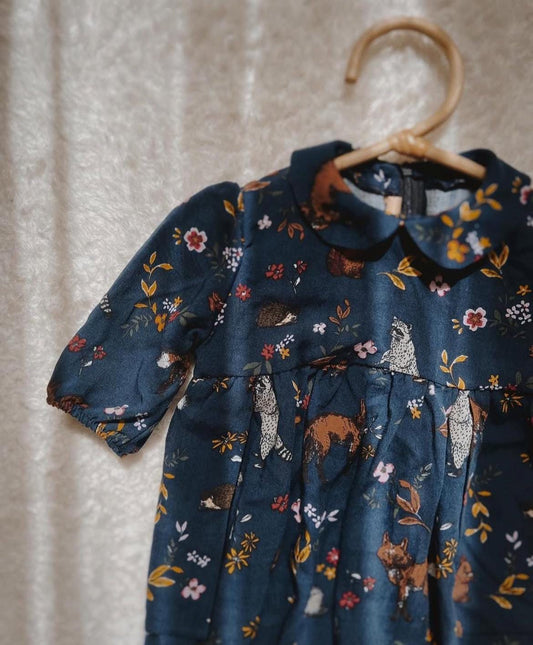 Woodland Animal Print Dress – Toddler & Girls Medium Sleeve Dress 3-4 Years