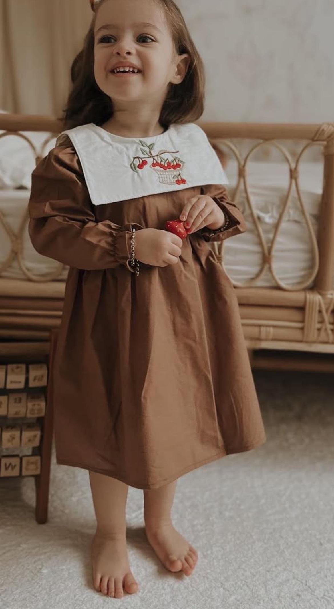 Vintage Cherry Basket Dress – Toddler & Girls Long Sleeve Outfit 4-5 years Old