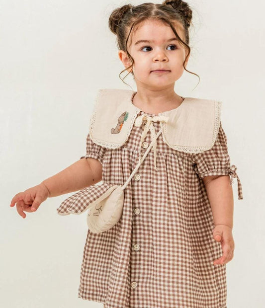 Vintage Gingham Toddler Girl Dress with Bunny Purse | Baby Girl Church Dress | Birthday Outfit