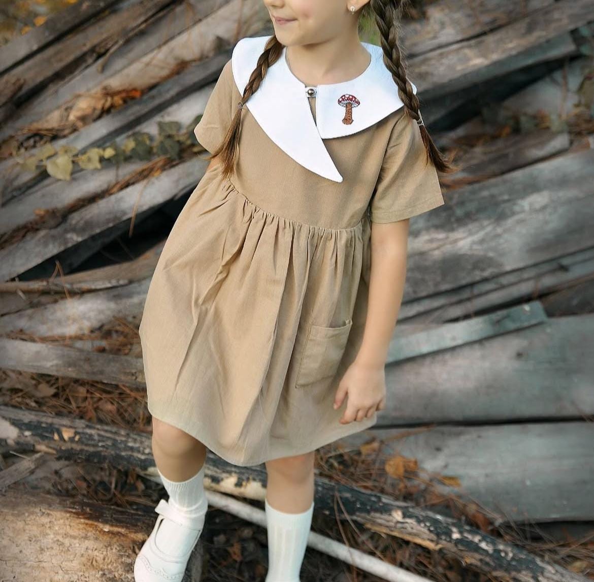 Handcrafted Fall Mushroom Dress – Cotton Dress with Unique Collar