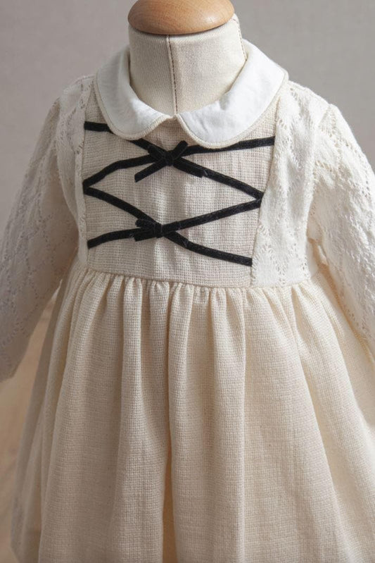 Girl Baby Off-White Dress with Black Ribbon Detail, Peter Pan Collar, and Lace Sleeves (6-36 Months)