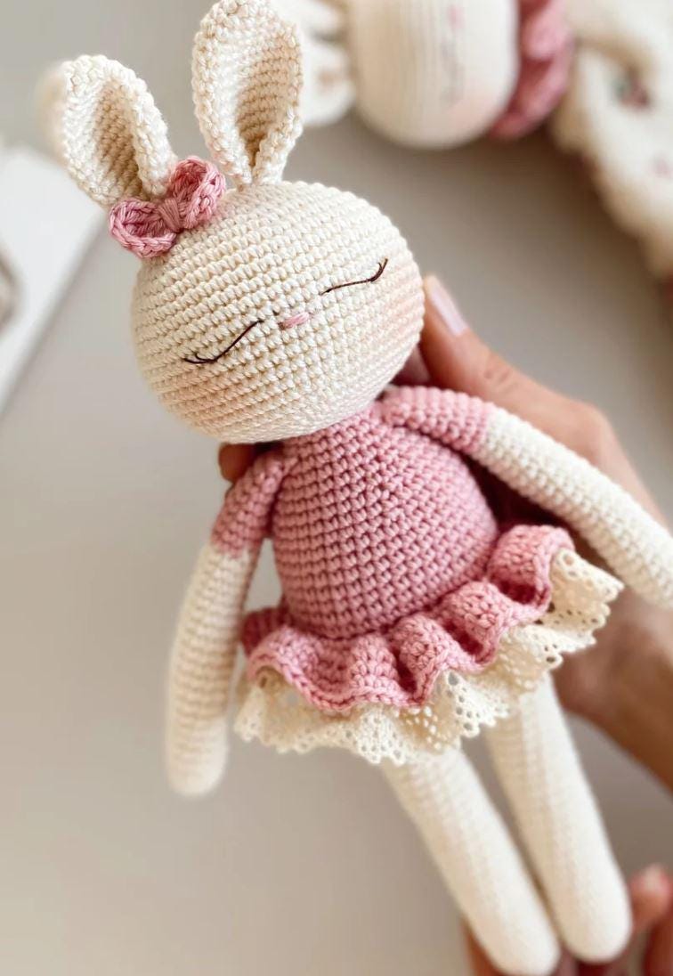 Handmade Crochet Bunny Doll – Amigurumi Rabbit Toy, Soft Baby Gift, Nursery Decor, Handmade Stuffed Animal, Crochet Ballerina Bunny