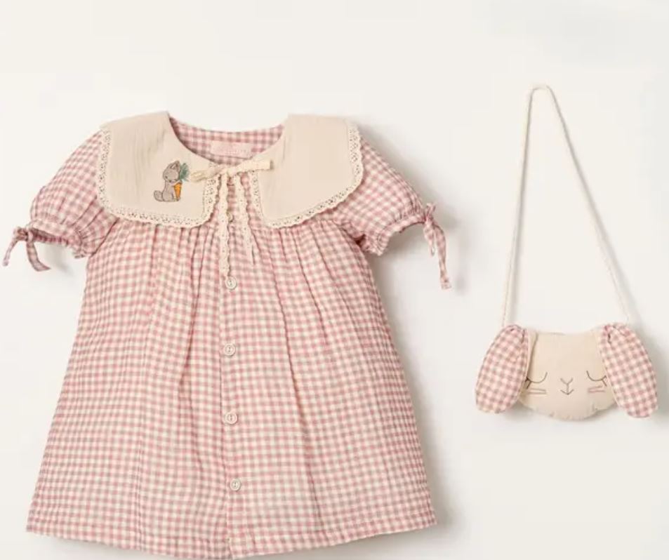 Vintage Gingham Toddler Girl Dress with Bunny Purse | Baby Girl Church Dress | Birthday Outfit