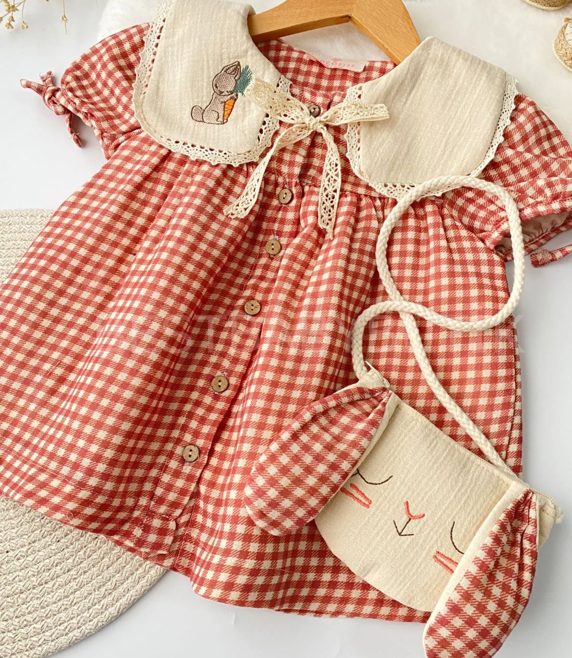 Vintage Gingham Toddler Girl Dress with Bunny Purse | Baby Girl Church Dress | Birthday Outfit