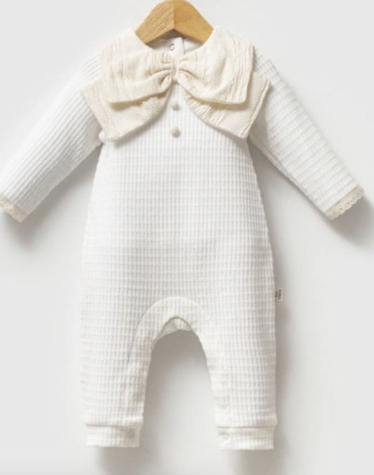 Cream Bow Knit Collar Baby Romper – Elegant Cotton Outfit