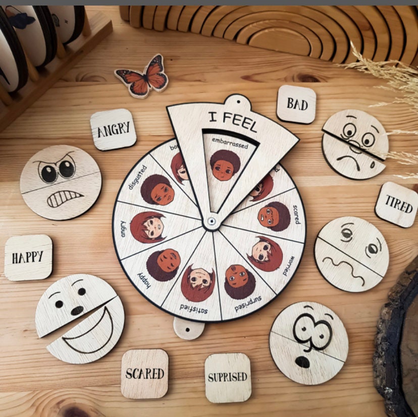 Wooden Emotions Wheel | Montessori Feelings Chart |  Learn About Feelings | Emotions Spinner Wheel |