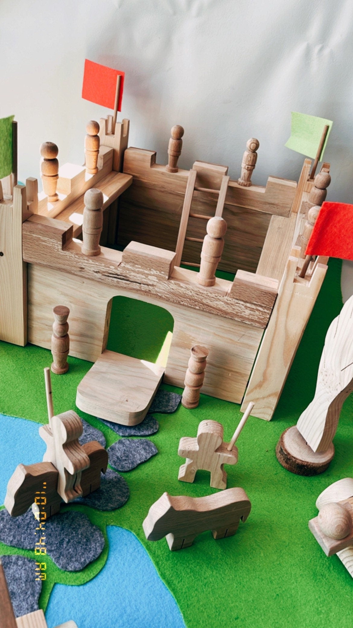 Wooden Toy Castle | Wooden Castle Set | Montessori Castle- Wooden Soldiers- Wooden Catapult Car- Wooden Castle Full Set l Felt Mat Free