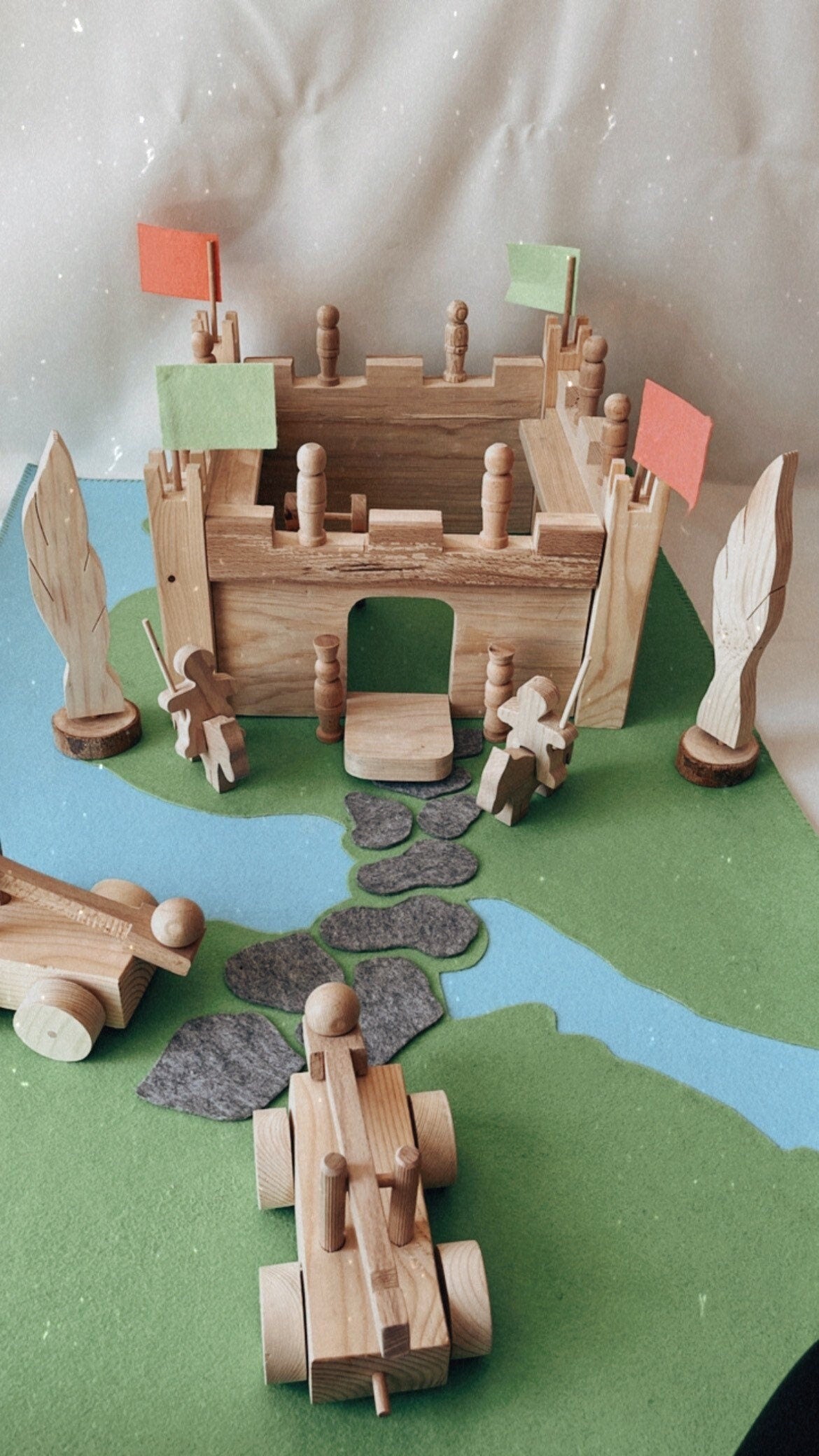 Wooden Toy Castle | Wooden Castle Set | Montessori Castle- Wooden Soldiers- Wooden Catapult Car- Wooden Castle Full Set l Felt Mat Free