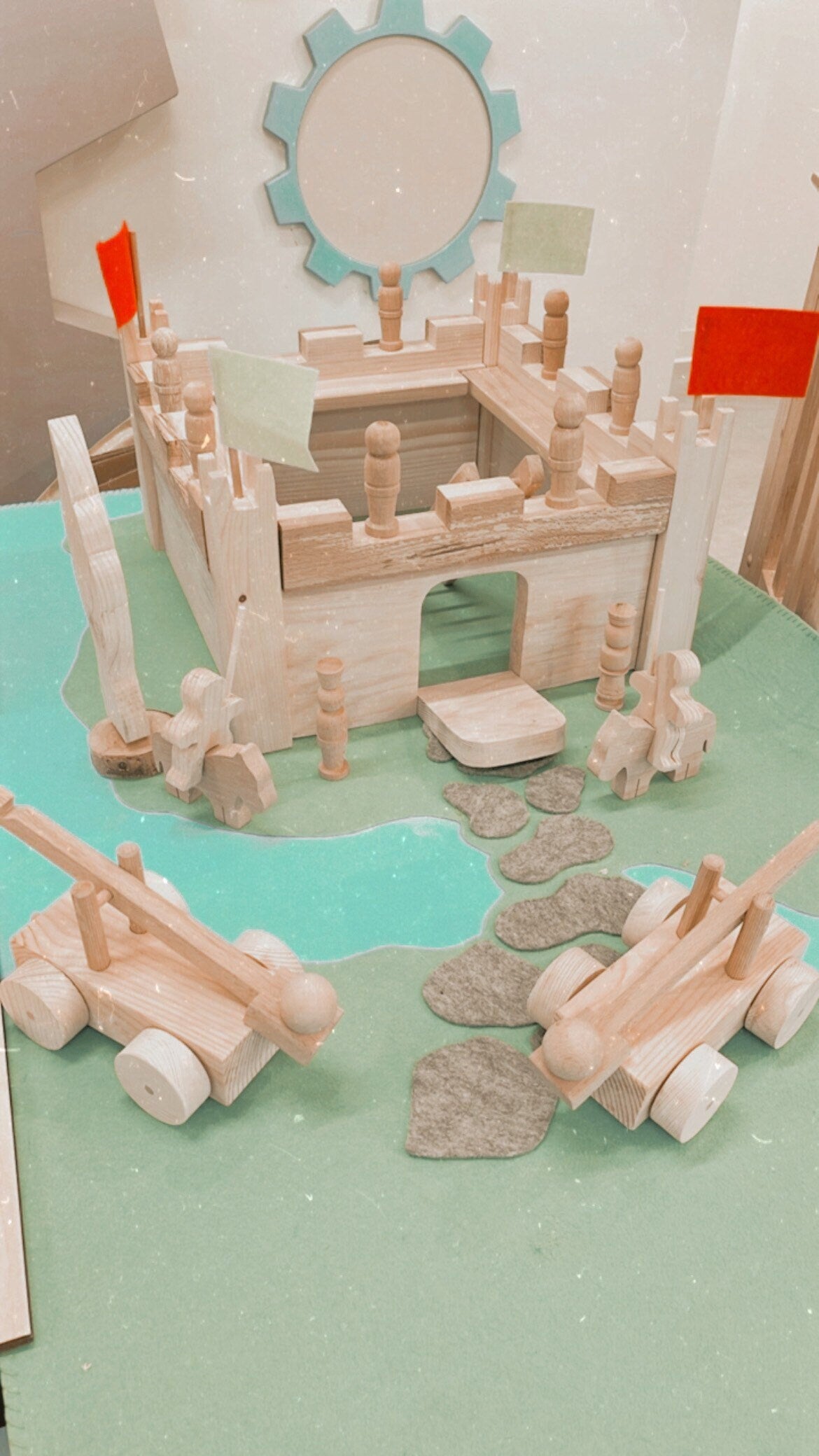 Wooden Toy Castle | Wooden Castle Set | Montessori Castle- Wooden Soldiers- Wooden Catapult Car- Wooden Castle Full Set l Felt Mat Free