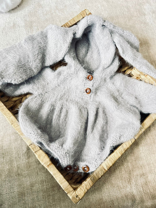 Gift for Newborn, Bunny Ear Knitted Baby Romper