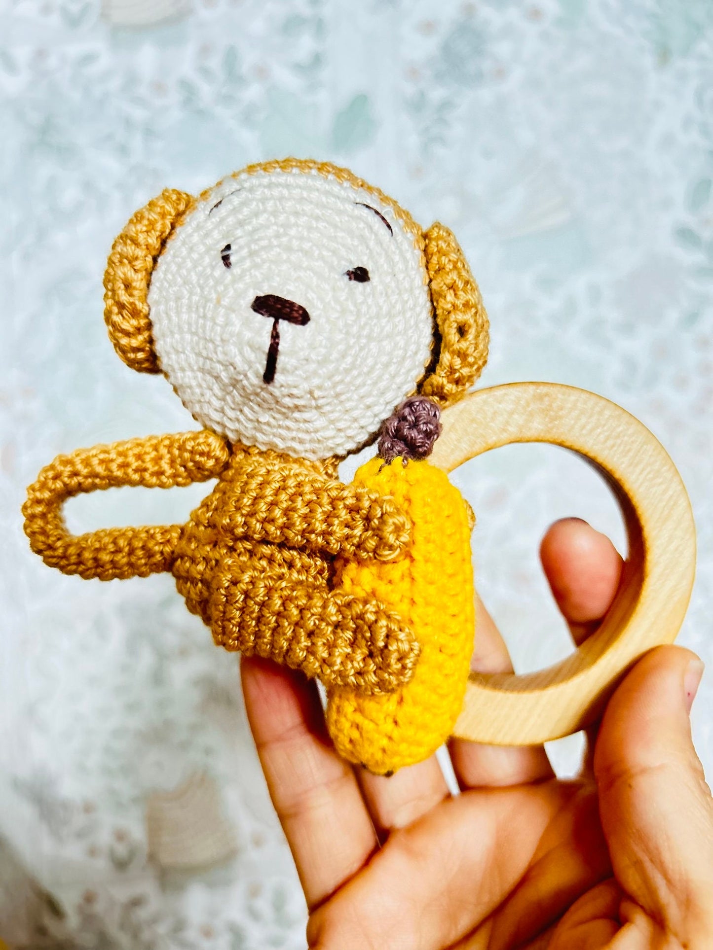 Gift for Newborn, Monkey Crochet Rattle Teether, Crochet Monkey with Banana Rattle