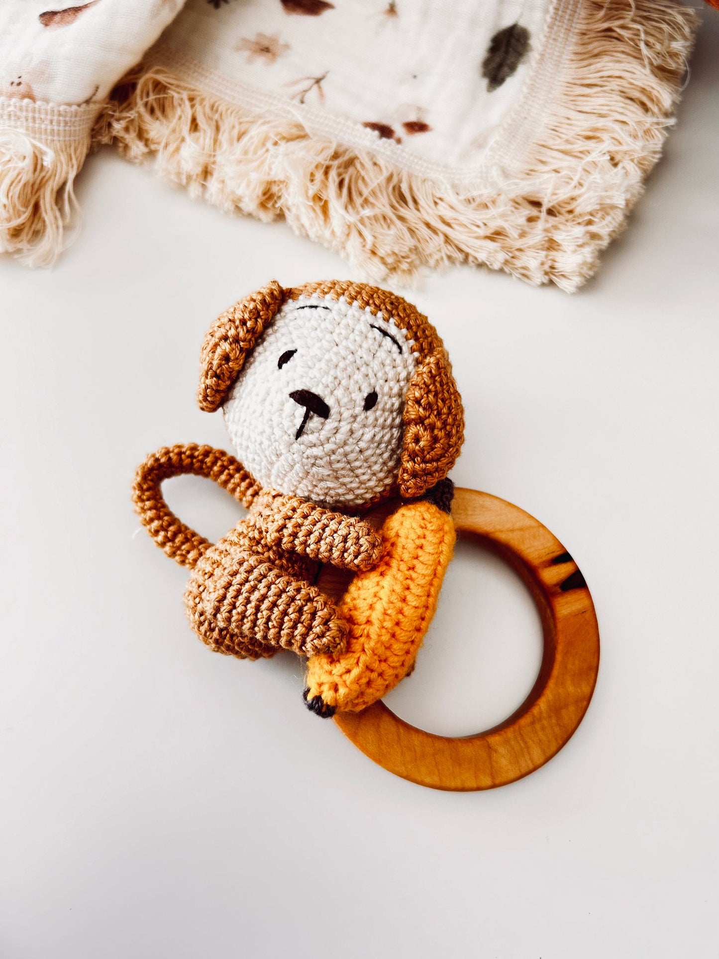 Gift for Newborn, Monkey Crochet Rattle Teether, Crochet Monkey with Banana Rattle