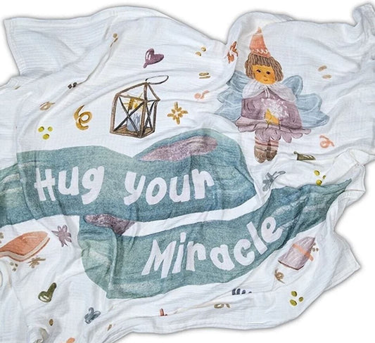 Gift for Newborn, Baby Muslin Blanket, Hug Your Miracle Patterned Muslin Blanket